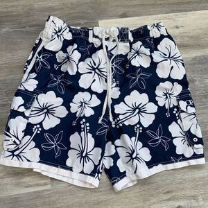 Ocean Pacific OP Board Shorts Swim Trunks Blue White Hawaiian Floral Waist 34”
